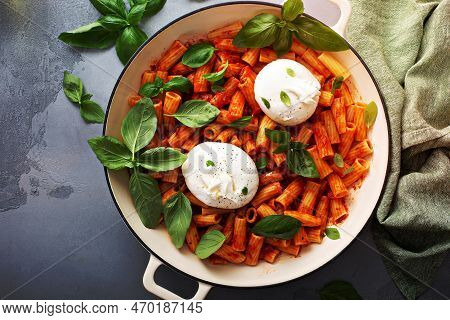 Penne Pasta Marinara With Buratta Cheese And Fresh Basil