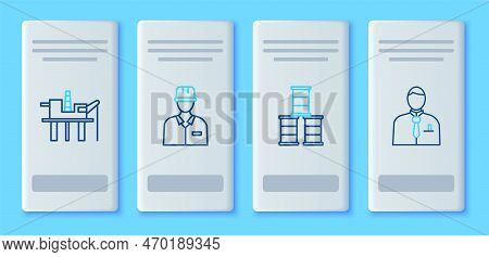 Set Line Oilman, Barrel Oil, Platform In The Sea And Businessman Stock Market Trader Icon. Vector