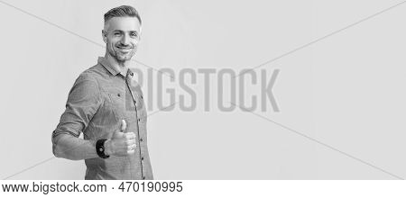 Man Face Portrait, Banner With Copy Space. Smiling Mature Man With Grizzled Hair Show Thumb Up On Ye