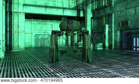 3d-illustration Of A Biped Droid Or Robot In A Science Fiction Starship