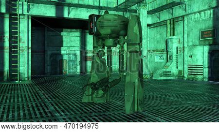 3d-illustration Of A Biped Droid Or Robot In A Science Fiction Starship