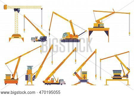Hoisting Crane Icons Set. Construction Crane. Equipment In Flat Style. Yellow Industrial Heavy Machi