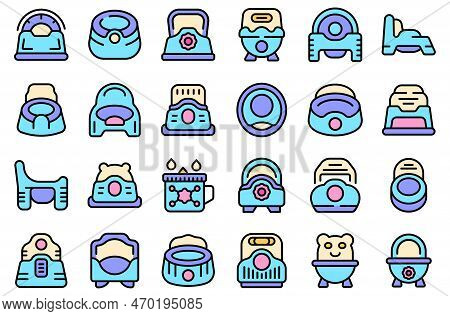 Childrens Potty Icons Set Outline Vector. Baby Toilet. Pot Boy Color Line On White Isolated