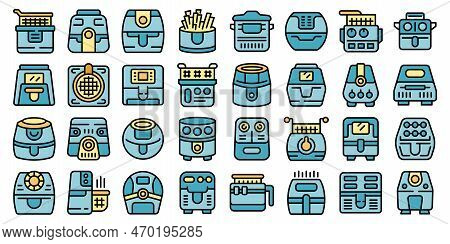 Air Fryer Icons Set Outline Vector. Fry Bakery. Cook Food Color Line On White Isolated