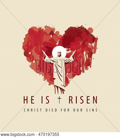 Easter Banner Or Greeting Card With The Resurrected Jesus Christ With Outstretched Arms And Abstract