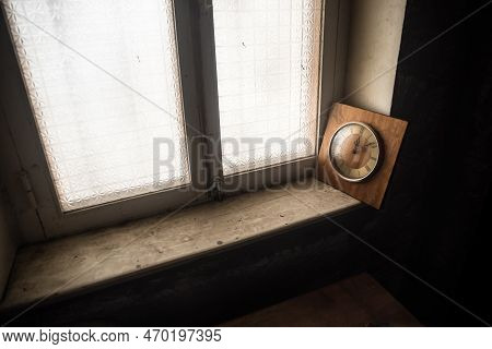 Time Concept. Old Rustic Wall Clock On Old Wooden Table With Copy Space