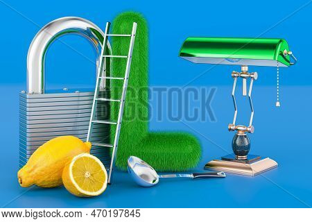 Kids Abc, Fluffy Letter L With Lamp, Ledder, Lock, Ladle, Limon. 3d Rendering On Blue Background