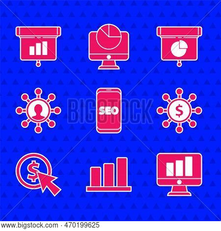 Set Mobile Phone Seo Optimization, Pie Chart Infographic, Monitor With, Dollar, Share, Network, Curs