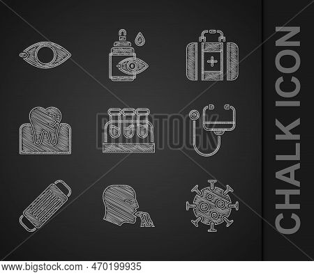 Set Test Tube With Blood, Vomiting Man, Virus, Stethoscope, Medical Protective Mask, Tooth Caries, F