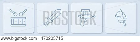 Set Line Drum With Drum Sticks, Ray Gun, Sword Toy And Toy Horse. White Square Button. Vector