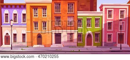 Cartoon City Street In Vector. Mayfair District In London. Town Panorama Illustration For Horizontal
