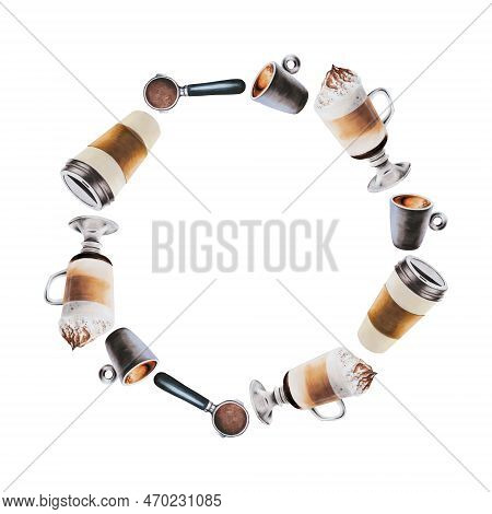 Watercolor Frame With Coffee Making Tools. Latte, Espresso, Americano, Cappuchino, Raff, Mocha. Hand