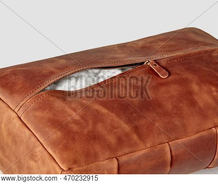 Hand-stitched Copper-colored Leather Footrest With Zipper And Holofiber Filling