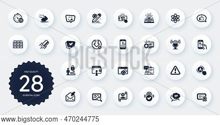 Set Of Technology Icons, Such As Typewriter, Inventory Report And Seo Gear Flat Icons. Verified Inte