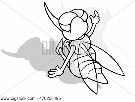 Drawing Of A Mosquito Sitting On The Ground From Rear View - Cartoon Illustration Isolated On White 