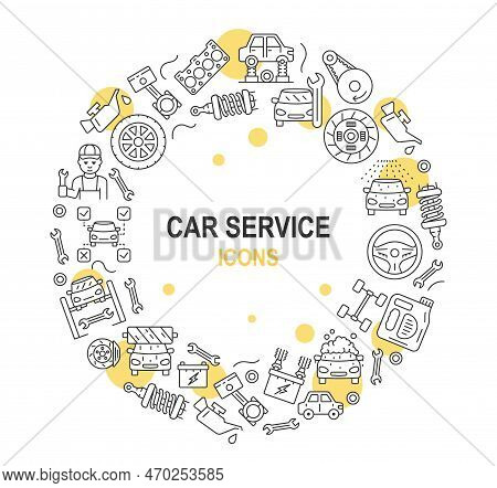 Car Service Poster. Collection Of Automobileparts. Transmission And Brake, Engine. Vehicle Moderniza