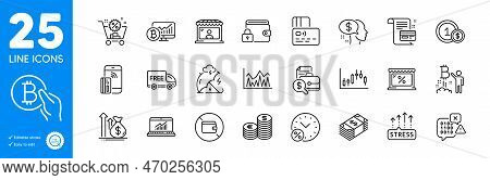 Outline Icons Set. Investment, Stress Grows And Binary Code Icons. Bitcoin Chart, Usd Coins, Usd Cur