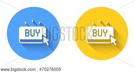 White Buy Button Icon Isolated With Long Shadow Background. Circle Button. Vector