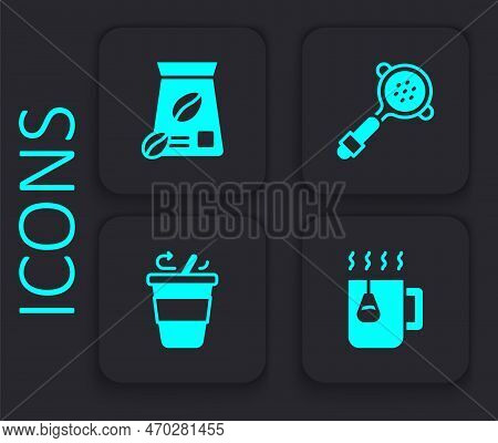 Set Cup Of Tea With Bag, Bag Coffee Beans, Coffee Filter Holder And Cup To Go Icon. Black Square But
