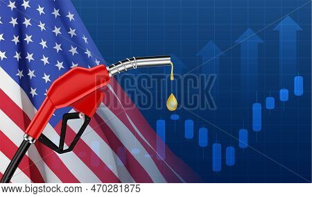 Gasoline Fuel Pump Nozzle With Drop Oil On Usa Flag Background. Eps10 Vector