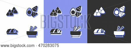 Set Asian Noodles In Bowl, Zongzi Bamboo Steamer, Fish With Sliced Pieces And Chicken Egg Vegerables