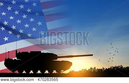 Silhouette Of Main Battle Tank On A Battlefield Against Sunset With Usa Flag. Eps10 Vector