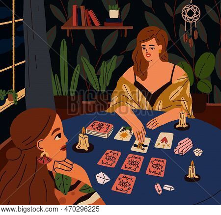 Fortune Teller Telling Predicting Future With Tarot Cards Deck. Fortuneteller, Taro Reader And Woman