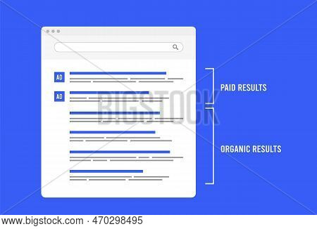 Paid And Organic Search Results Concept. Seo Optimization For Serp - Search Engine Results Pages Vec