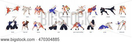Martial Arts Set. Taekwondo, Judo, Wushu, Capoeira, Sumo Fighters In Fighting Poses, Action. Wrestli