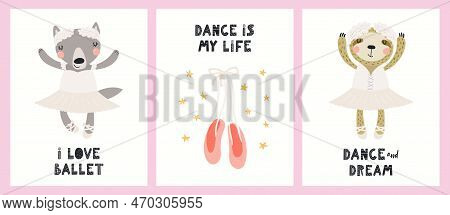 Cute Animals, Wolf, Sloth, Ballerina Girls, Ballet Dancers, Pointe Shoes. Posters, Cards Collection.