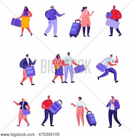 Set Of Flat Hotel Staff And Guests Characters. Cartoon Businessman, Receptionist, Clerk Meeting Lodg