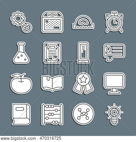 Set Line Light Bulb, Computer Monitor, Speech Bubbles With Question, Protractor Grid, Certificate Te