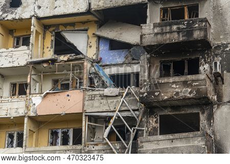 Residential Building Destroyed By Shelling. War In Ukraine. Russian Invasion Of Ukraine. Destruction
