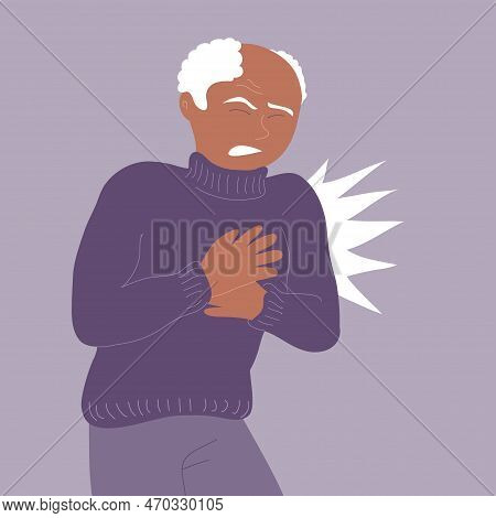 Elderly African American Man With Heart Pain. Acute Attack Of Myocardial Infarction Or Angina Pector