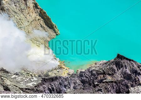 Panoramic Aerial View Crater Of Active Volcano Ijen, Java Island, Indonesia