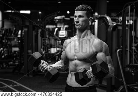 Shirtless Man Doing Tricep Curls With Dumbbells In Gym, Triceps Workout