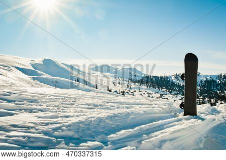 Board For Snowboarding In The Snow On Background Snowy Mountains Of Europe. Goderdzi Ski Resort In G