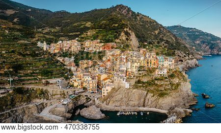 Aerial View Of Corniglia And Coastline Of Cinque Terre,italy.unesco Heritage Site.picturesque Colorf
