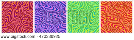 Trendy Abstract Patterns With Waves. Set Of Wavy Seamless Trippy Patterns In Psychedelic Colors. Abs