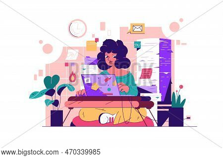 Woman Sits In A Lotus Pose Focused On Work Vector Illustration. Girl Surrounded By Stacks Of Documen