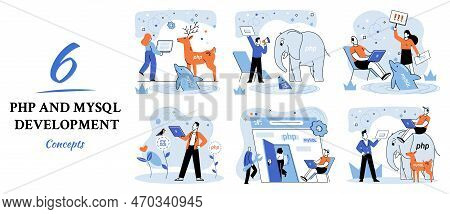 Php And Mysql Development Metaphor. Software Website Developer With Computer, Programmer Service, Op