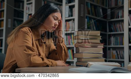 Tired Unwell Young Korean Woman Student Preparing For Exam In University Library Feeling Headache Su