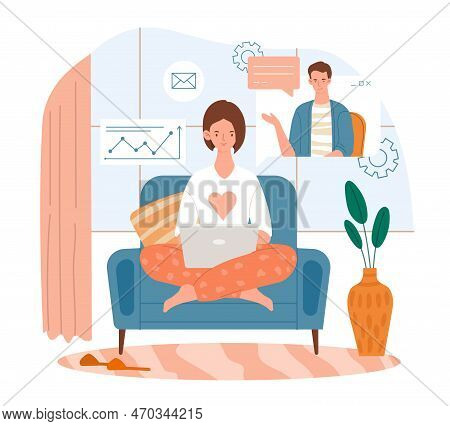 Remote Communication Concept. Woman With Laptop Sits In Low Position On Sofa In Apartment And Commun