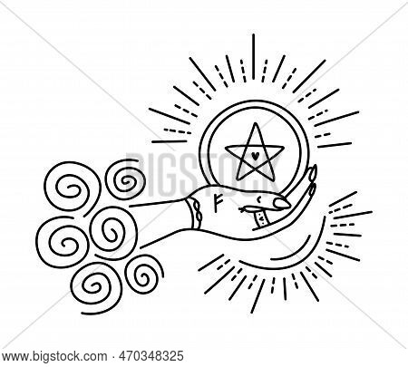 Ace Of Pentacles With Rune Fehu On The Hand, Black And White Symbol Of Wealth