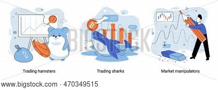 Stock Market Manipulation Concepts Set, Change Business Graph Indicator, Influence Crypto Currency P