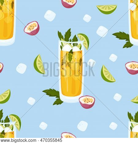 Seamless Pattern With Summer Cocktail Passion Fruit Mojito. Cuban Cocktail In Glass With Ice Cubes, 