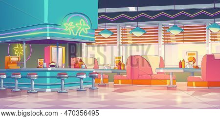 Retro Restaurant, Diner Interior With Bar Counter. Vintage Coffee Shop, American Cafe With Tables, S