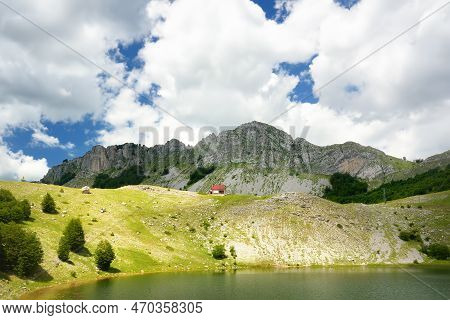 Scenic Landscape Of Mountain Valley With Bukumirsko Lake In Alps Of Montenegro. Stunning View Of Mou