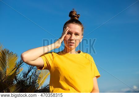Girl Is Suffering From Heat, Woman With Heatstroke. Having Sunstroke At Summer Hot Weather. Dangerou