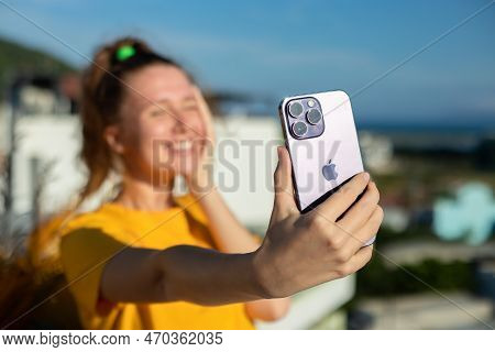 02.02.23, Nha Trang, Vietnam Young Beautiful Happy Woman Blogger Is Taking Selfie, Picture Of Hersel
